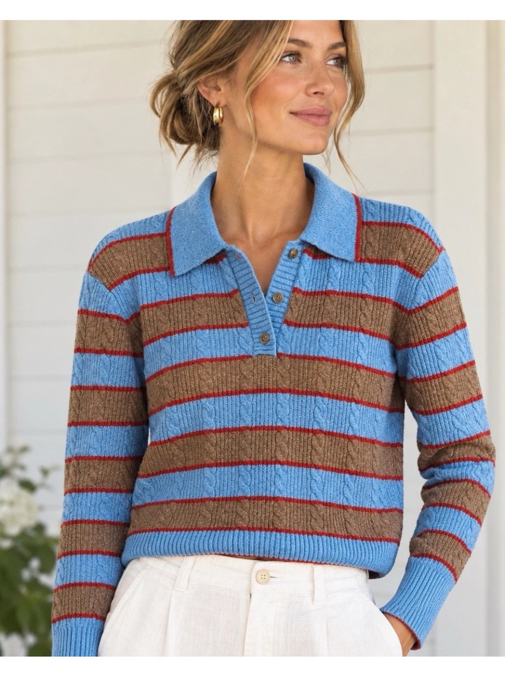 Beautiful Caroline Constas Blue, Brown & Red Striped Polo Sweater!